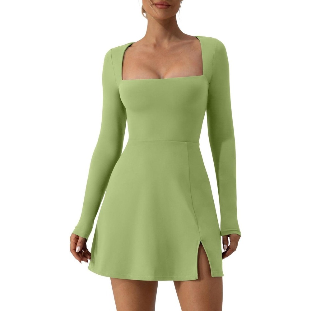 Qinsen 39Y Lime Green Square Neck Long Sleeve Mini Dress Side Slit Size M NWT
